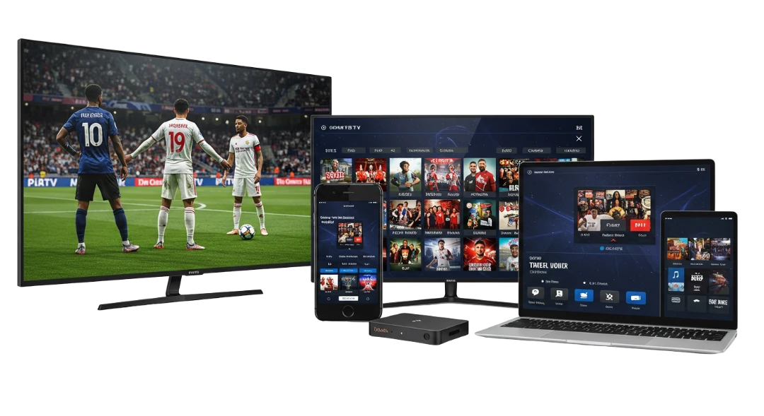 Shack TV IPTV displayed across TV, monitor, laptop, phone and tablet
